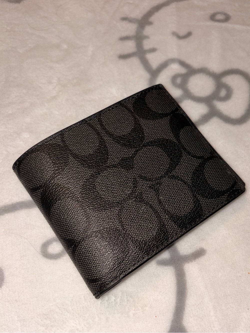 Coach Mens Black Signature Pattern Leather Bi-Fold Wallet